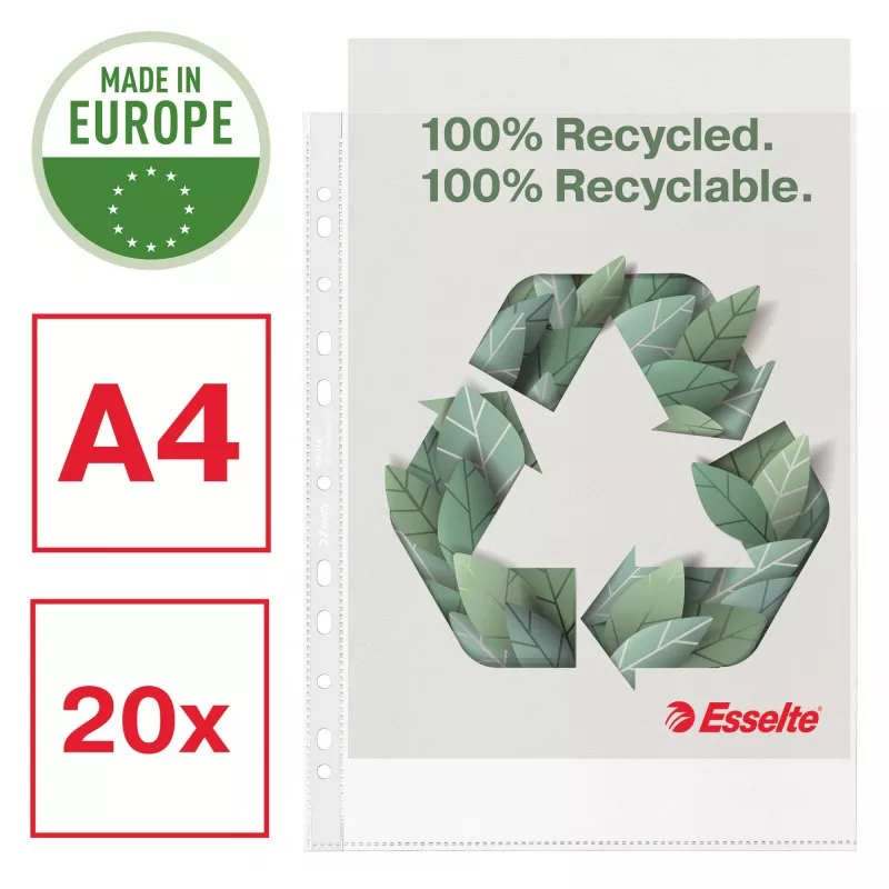 Esselte Recycle Tasku A4, 210 x 297 mm (A4), Läbipaistev, Polüpropüleen (PP), Portree, Ülemine, 0.07 mm
