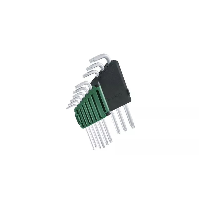 Bosch 1 600 A02 Z9C, L-torx-võtmekomplekt, TX10, TX15, TX20, TX25, TX27, TX30, TX40, TX8, TX9, roheline, hõbedane, teras, plast, 69 mm