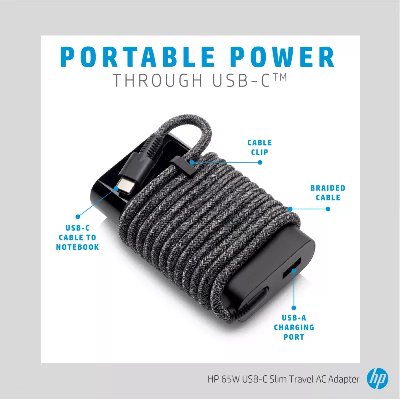HP 65W USB-C õhuke reisitoiteadapter, sülearvuti, universaalne, 90 V, 47 - 63 Hz, 65 W, 20 V