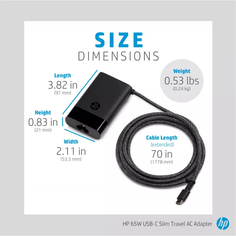 HP 65W USB-C õhuke reisitoiteadapter, sülearvuti, universaalne, 90 V, 47 - 63 Hz, 65 W, 20 V