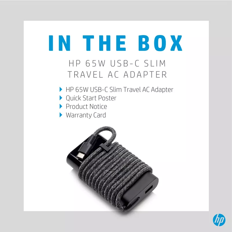 HP 65W USB-C õhuke reisitoiteadapter, sülearvuti, universaalne, 90 V, 47 - 63 Hz, 65 W, 20 V