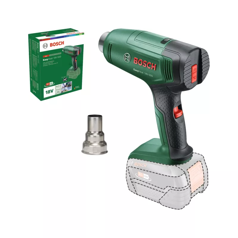 Kuumaõhupuhur Bosch EasyHeat 18V-500 — juhtmeta, 72 W, 4 Ah aku, 350–450 °C, püstolkäepide, roheline