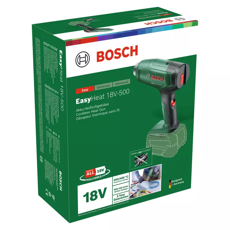 Kuumaõhupuhur Bosch EasyHeat 18V-500 — juhtmeta, 72 W, 4 Ah aku, 350–450 °C, püstolkäepide, roheline