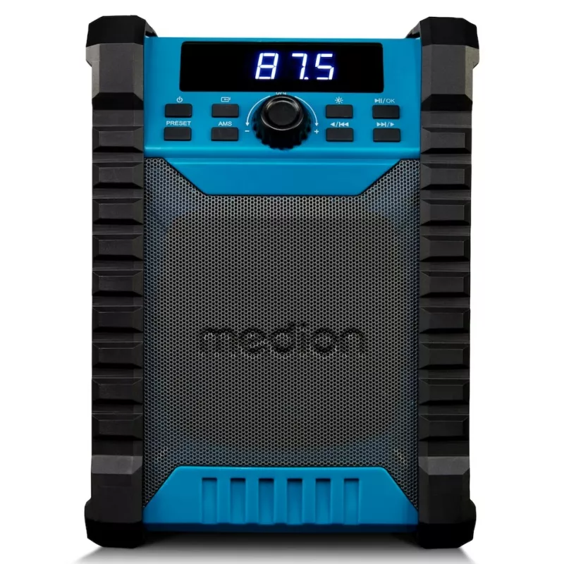 Kaasaskantav digitaalraadio MEDION LIFE E65895 (MD 43895) — PLL-tuuner, 10 W RMS, LCD, Bluetooth 10 m, IP54, väline antenn, must/sinine