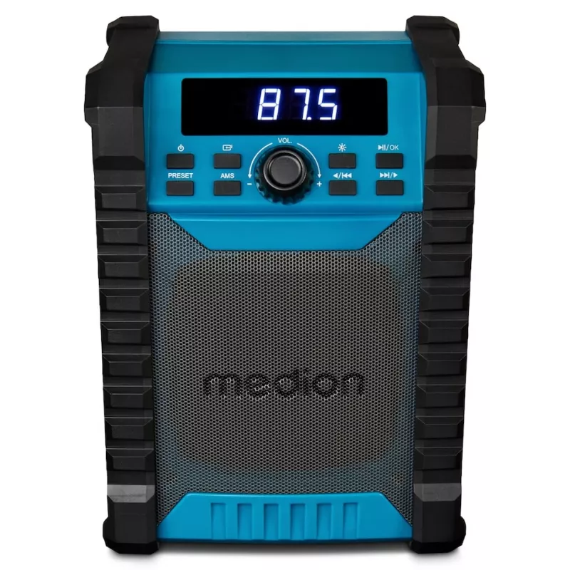 Kaasaskantav digitaalraadio MEDION LIFE E65895 (MD 43895) — PLL-tuuner, 10 W RMS, LCD, Bluetooth 10 m, IP54, väline antenn, must/sinine