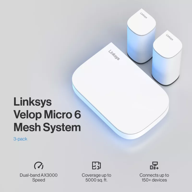 Linksys Velop Micro 6 võrksüsteem – kaheribaline WiFi 6 AX3000 (3-pakk)