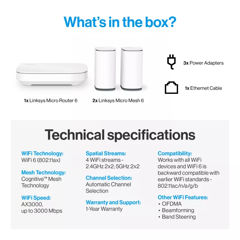 Linksys Velop Micro 6 võrksüsteem – kaheribaline WiFi 6 AX3000 (3-pakk)