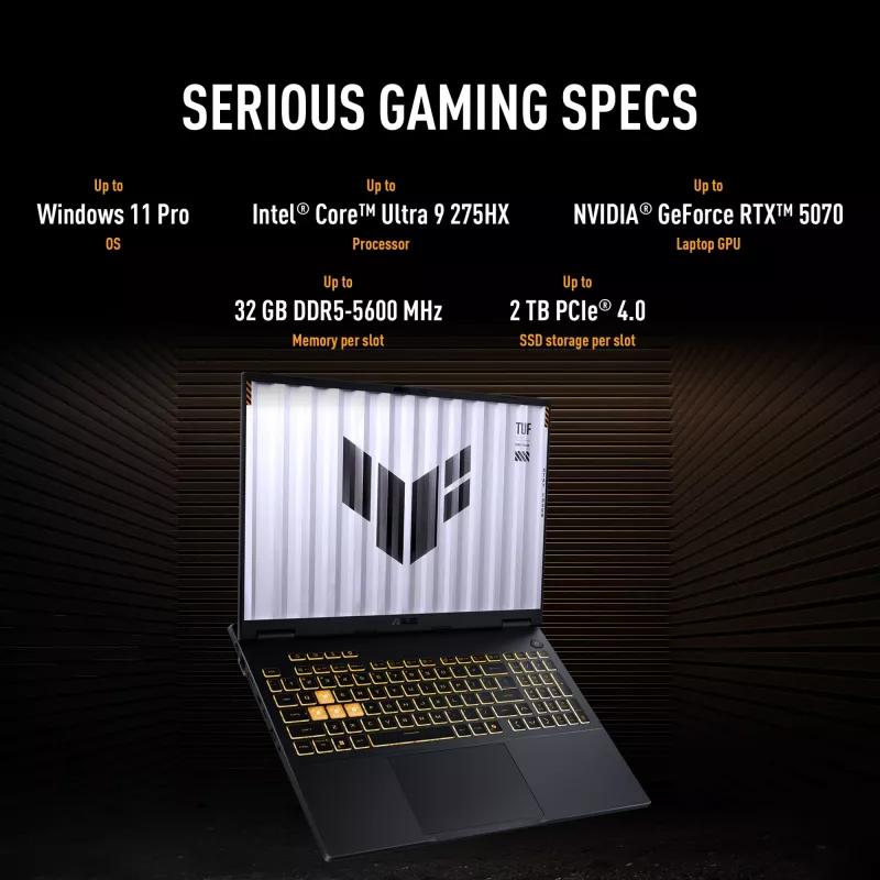 ASUS TUF Gaming F16 FX608JPR-QT014W Intel® Core™ i7 i7-14650HX sülearvuti 40,6 cm (16 tolli) WQXGA 32 GB DDR5-SDRAM 1 TB SSD NVIDIA GeForce RTX 5070 Wi-Fi 6E (802.11ax) Windows 11 Home hollandi must, hall