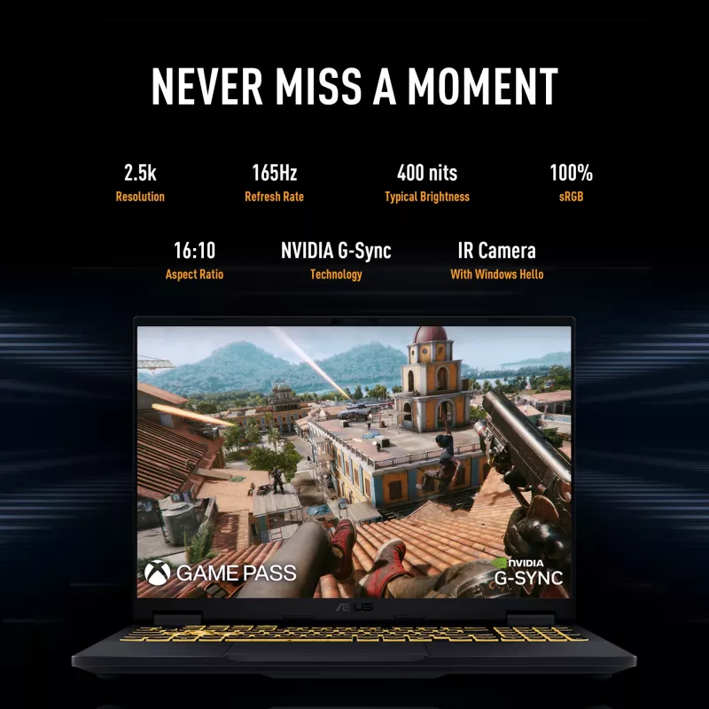 ASUS TUF Gaming F16 FX608JPR-QT014W Intel® Core™ i7 i7-14650HX sülearvuti 40,6 cm (16 tolli) WQXGA 32 GB DDR5-SDRAM 1 TB SSD NVIDIA GeForce RTX 5070 Wi-Fi 6E (802.11ax) Windows 11 Home hollandi must, hall