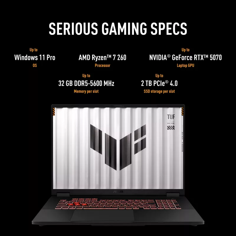 ASUS TUF Gaming A18 FA808UH-S8076W AMD Ryzen™ 7 260 sülearvuti 45,7 cm (18 tolli) Full HD+ 16 GB DDR5-SDRAM 512 GB SSD NVIDIA® GeForce RTX™ 5050 Wi-Fi 6E (802.11ax) Windows 11 Home Dutch hall
