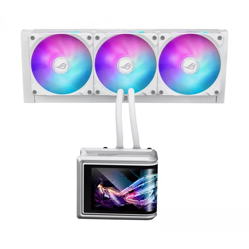 Kõik-ühes vedelikjahutus ASUS ROG Ryuo IV SLC 360 ARGB Valge Edition — 360 mm radiaator, 3×120 mm ventilaatorit, AMOLED-ekraan, LGA 1700 tugi