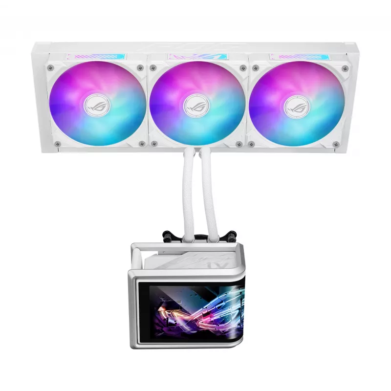Kõik-ühes vedelikjahutus ASUS ROG Ryuo IV SLC 360 ARGB Valge Edition — 360 mm radiaator, 3×120 mm ventilaatorit, AMOLED-ekraan, LGA 1700 tugi