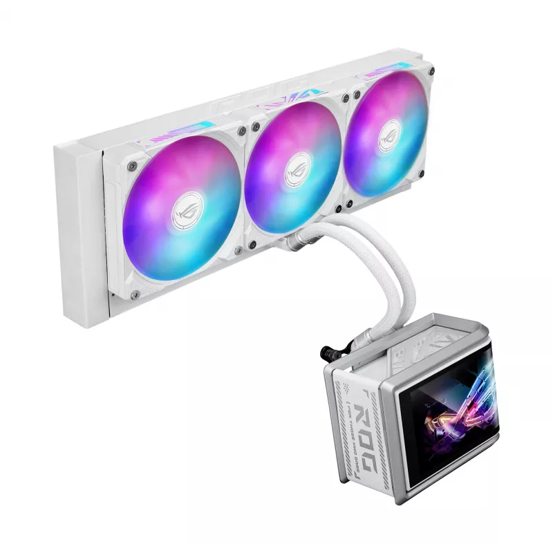 Kõik-ühes vedelikjahutus ASUS ROG Ryuo IV SLC 360 ARGB Valge Edition — 360 mm radiaator, 3×120 mm ventilaatorit, AMOLED-ekraan, LGA 1700 tugi