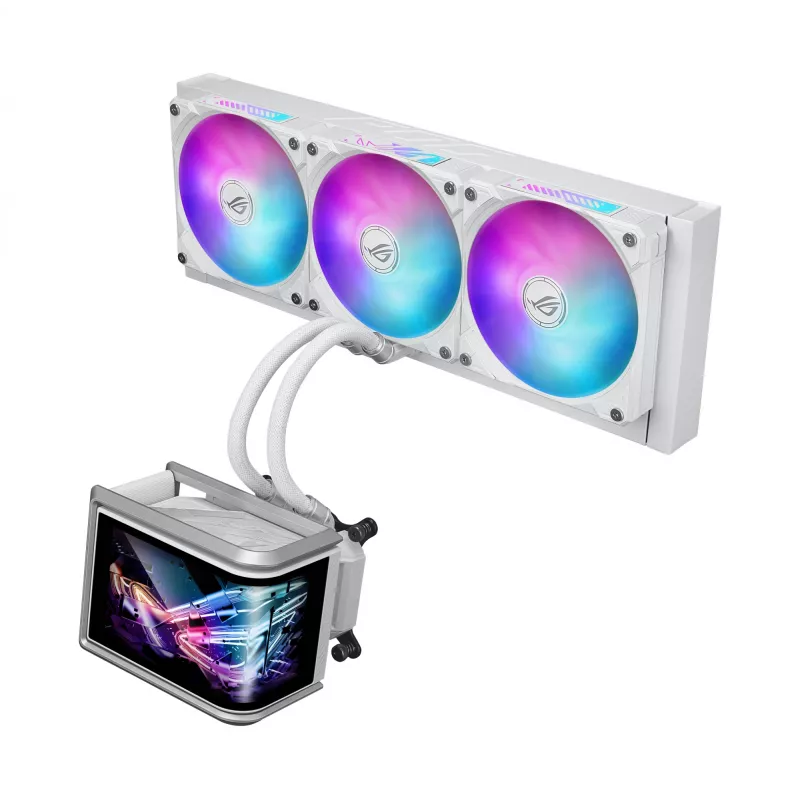 Kõik-ühes vedelikjahutus ASUS ROG Ryuo IV SLC 360 ARGB Valge Edition — 360 mm radiaator, 3×120 mm ventilaatorit, AMOLED-ekraan, LGA 1700 tugi
