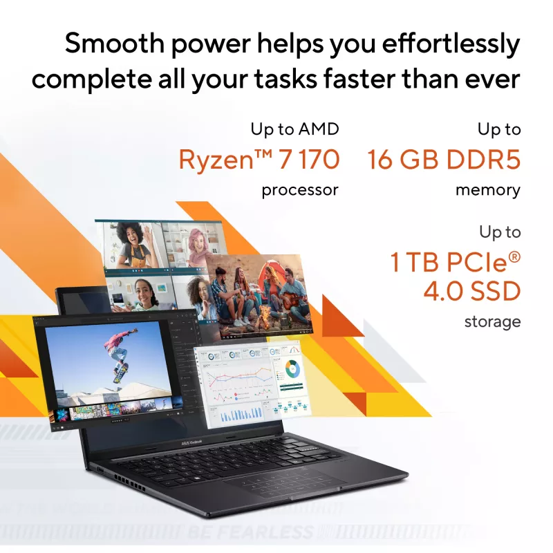 ASUS Vivobook 14 M1405NAQ-LY025W AMD Ryzen™ 7 170 sülearvuti 35,6 cm (14 tolli) WUXGA 16 GB DDR5-SDRAM 512 GB SSD Wi-Fi 6 (802.11ax) Windows 11 Home Hollandi Must