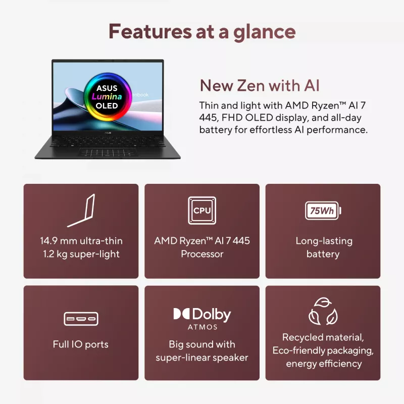 ASUS Zenbook 14 OLED UM3406GA-QD031W Copilot+ PC AMD Ryzen™ AI 7 445 sülearvuti 35,6 cm (14 tolli) WUXGA 32 GB LPDDR5x-SDRAM 1 TB SSD Wi-Fi 6E (802.11ax) Windows 11 Home Dutch Must