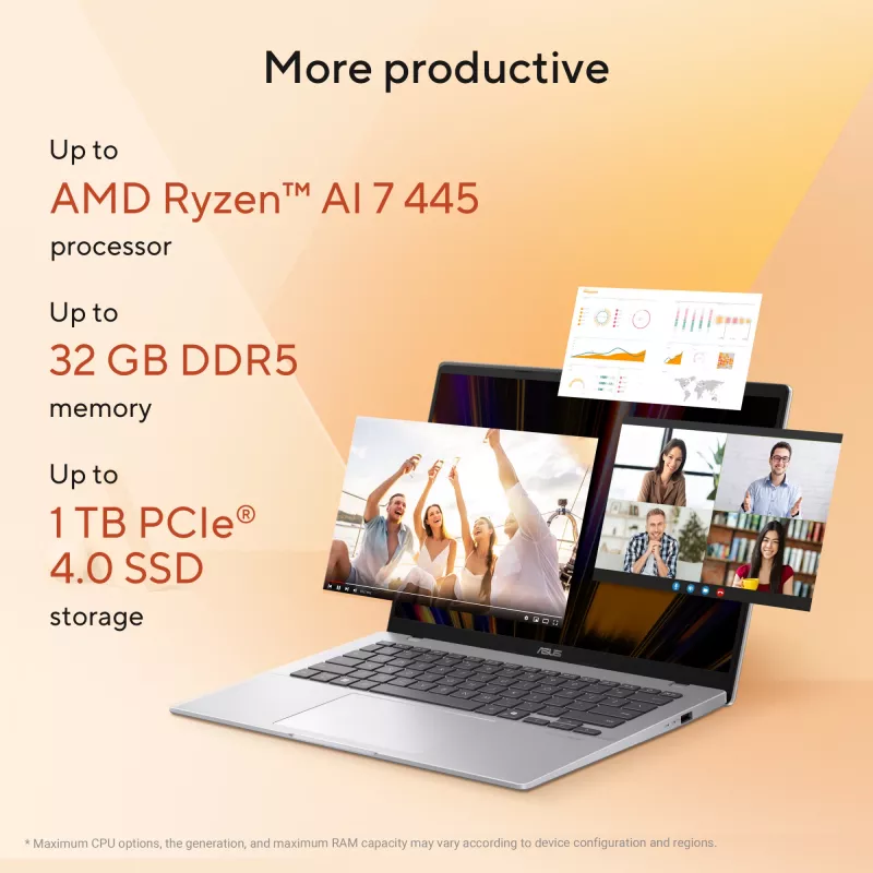 ASUS Vivobook 14 M1407GA-LY012W Copilot+ PC AMD Ryzen™ AI 7 445 sülearvuti 35,6 cm (14 tolli) WUXGA 16 GB DDR5-SDRAM 512 GB SSD Wi-Fi 6 (802.11ax) Windows 11 Home Dutch Silver