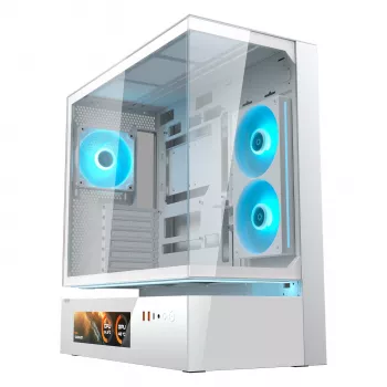 COUGAR CFV235 Vision mid-torni arvutikorpus — ARGB, 23,3 cm (9,16 tolli) LCD, karastatud klaas, valge, toetab ATX/Micro-ITX, 2x3,5 tolli + 2x2,5 tolli