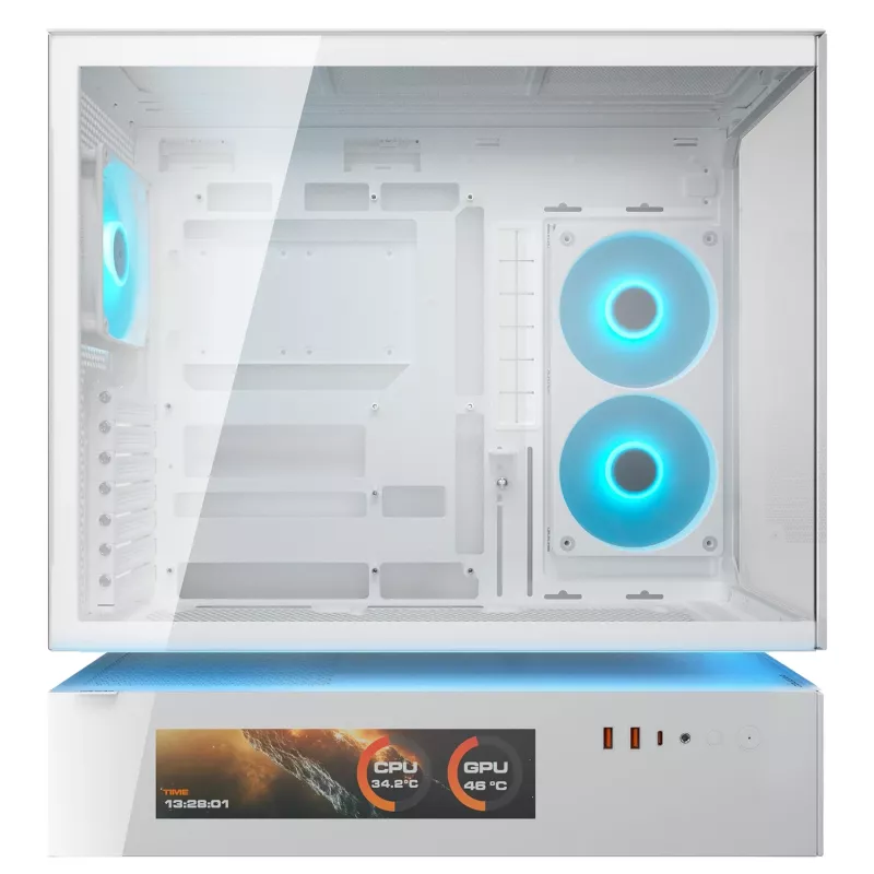 COUGAR CFV235 Vision mid-torni arvutikorpus — ARGB, 23,3 cm (9,16 tolli) LCD, karastatud klaas, valge, toetab ATX/Micro-ITX, 2x3,5 tolli + 2x2,5 tolli