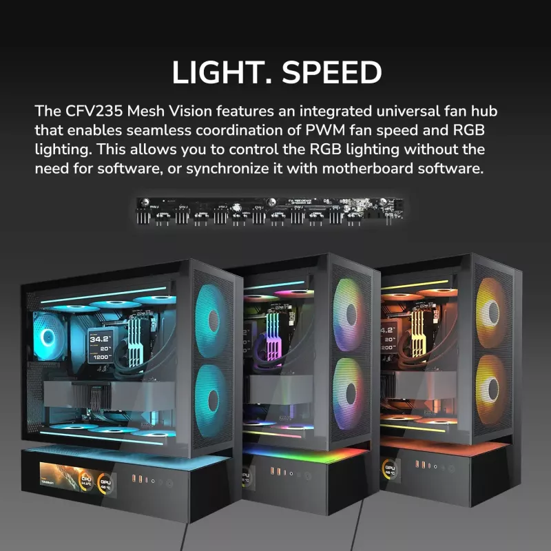 COUGAR PC Midi Tower Case CFV235 Vision — ARGB, 9.16 tolli (23.3 cm) LCD 1920×462, Mesh, ees 2×160 mm, taga 1×120 mm, must