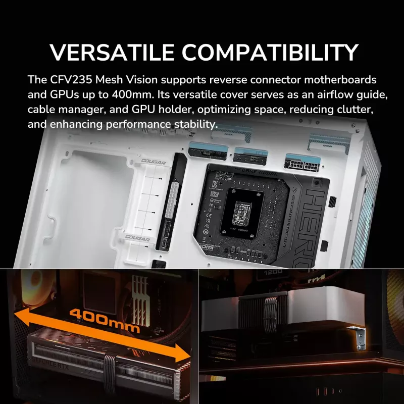 COUGAR PC Midi Tower Case CFV235 Vision — ARGB, 9.16 tolli (23.3 cm) LCD 1920×462, Mesh, ees 2×160 mm, taga 1×120 mm, must