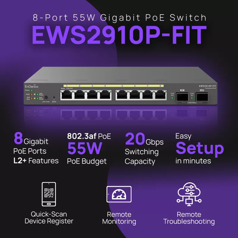 Hallatav kommutaator EnGenius FitSwitch 8 PoE 8x Gigabit Ethernet pordid