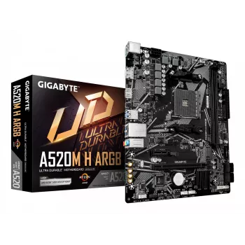 GIGABYTE A520M H ARGB emaplaat – toetab AMD Ryzen 5000 seeria protsessoreid, kuni 5100 MHz DDR4 (OC), PCIe 3.0 x4 M.2, 1 GbE LAN, USB 3.2 Gen 1