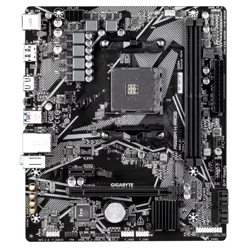 GIGABYTE A520M H ARGB emaplaat – toetab AMD Ryzen 5000 seeria protsessoreid, kuni 5100 MHz DDR4 (OC), PCIe 3.0 x4 M.2, 1 GbE LAN, USB 3.2 Gen 1