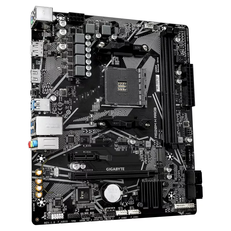GIGABYTE A520M H ARGB emaplaat – toetab AMD Ryzen 5000 seeria protsessoreid, kuni 5100 MHz DDR4 (OC), PCIe 3.0 x4 M.2, 1 GbE LAN, USB 3.2 Gen 1
