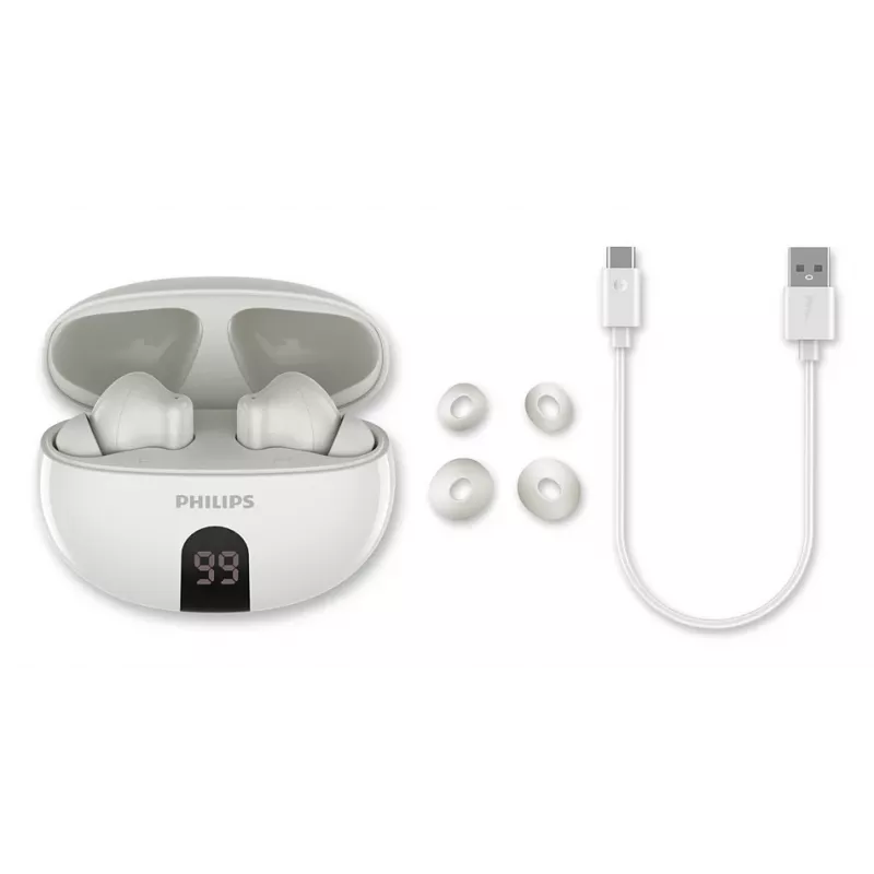 Juhtmevaba kõrvasisene peakomplekt Philips TAT2520WT/00 — Bluetooth, kõnedeks ja muusikaks, 20–20000 Hz, 10 m ulatus, valge, 40 g