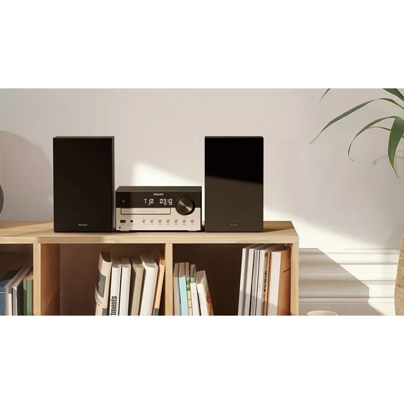 Kodune audiolu süsteem Philips TAM4205M2/12 — 80 W RMS, 2-suunalised kõlarid, Bluetooth, FM, LED-ekraan, plaadisahtel (must/hõbedane)