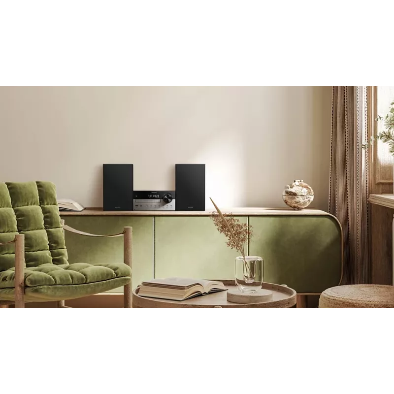 Kodune audiolu süsteem Philips TAM4205M2/12 — 80 W RMS, 2-suunalised kõlarid, Bluetooth, FM, LED-ekraan, plaadisahtel (must/hõbedane)