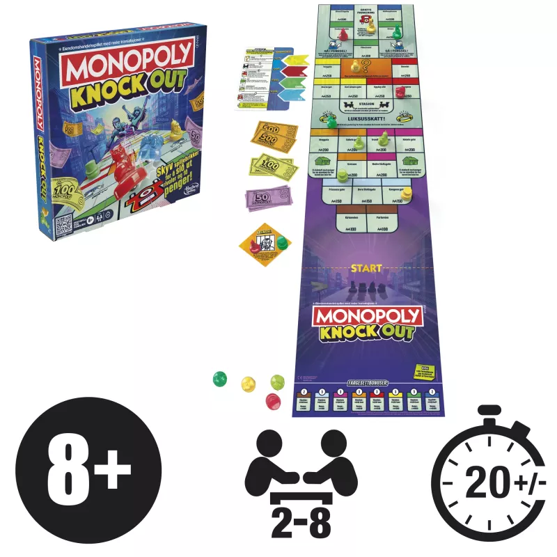 Monopoly Knockout perepidude mäng, kiirelt mängitavad lauamängud alates 8. eluaastast, 2–8 mängijale, 20 min