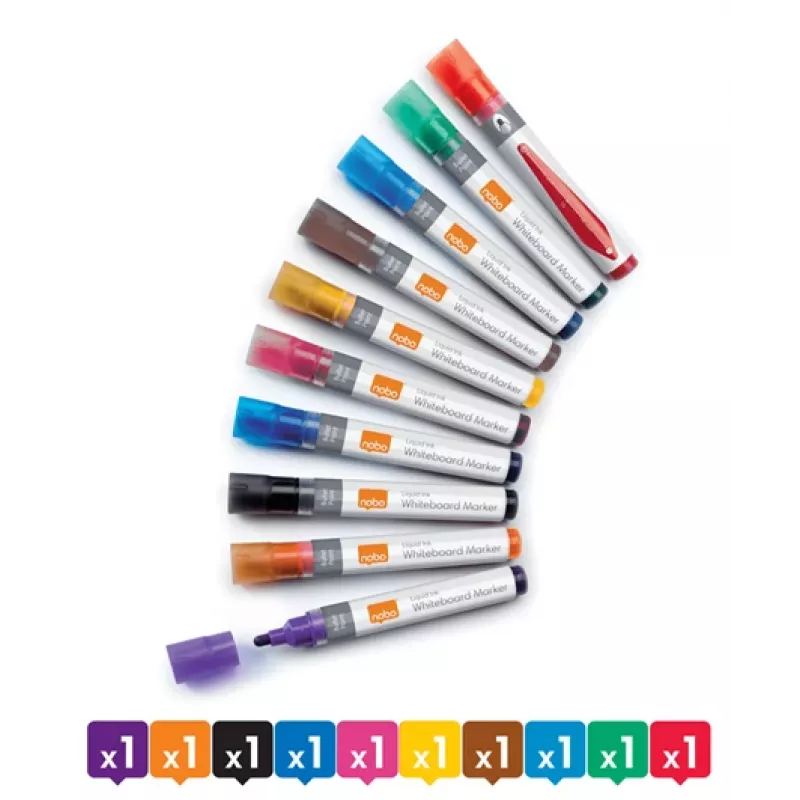 Nobo vedeltindi tahvlimarkerid kuulotsaga 10 tk pakend, 10 tk, Mitmevärviline, Harjaots, Segavärvid, 3 mm, 38 mm