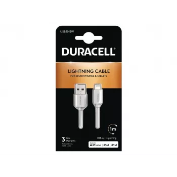 Duracell Sync/Charge kaabel 1 Metre valge, 1 m, USB A, Lightning, 2.0, Valge