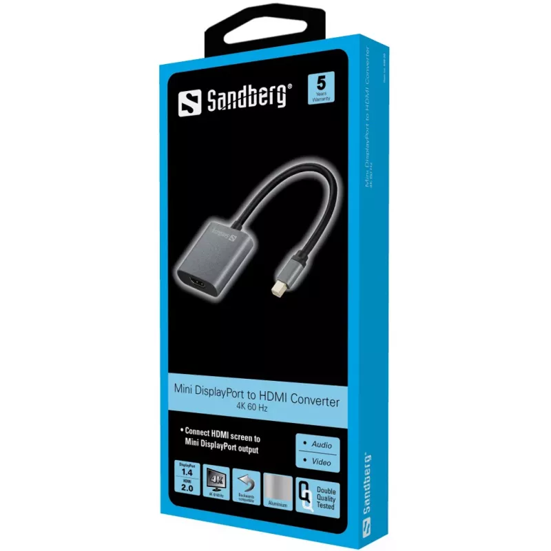 Sandberg Adapter MiniDP1.4>HDMI2.0 4K60, Mini DisplayPort, HDMI Type A (Standard), isane, emane, 3840 x 2160 pikslit, 6 Gbit/s