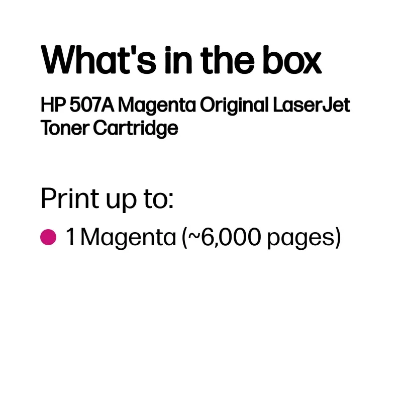 HP 507A magenta Originaal LaserJet toonerikassett, 6000 lehekülge, magenta, 1 tk