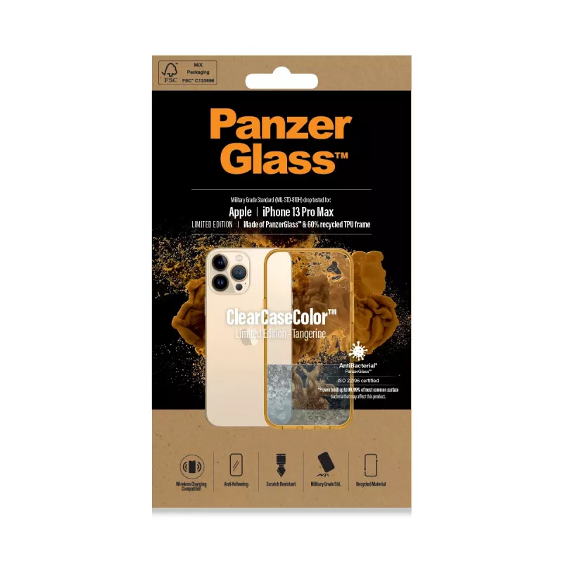 Läbipaistev ClearCaseColor kate PanzerGlass iPhone 13 Pro Max 6.7 tolli — PET ja karastatud klaas, oranž