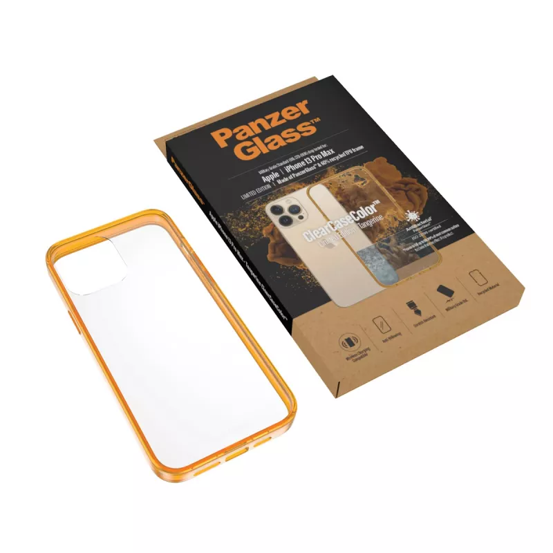 Läbipaistev ClearCaseColor kate PanzerGlass iPhone 13 Pro Max 6.7 tolli — PET ja karastatud klaas, oranž