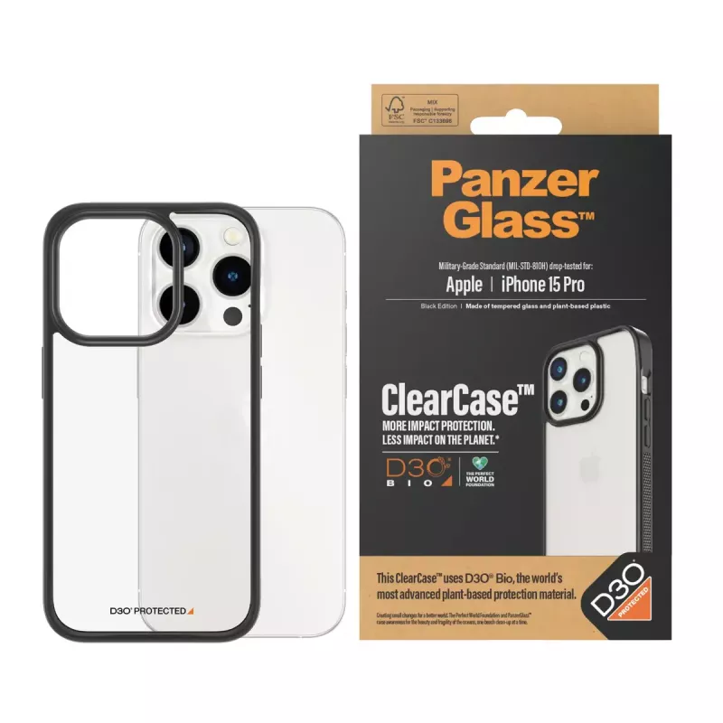 PanzerGlass ® ClearCase läbipaistev musta raami ja D3O®-ga iPhone 15 Pro