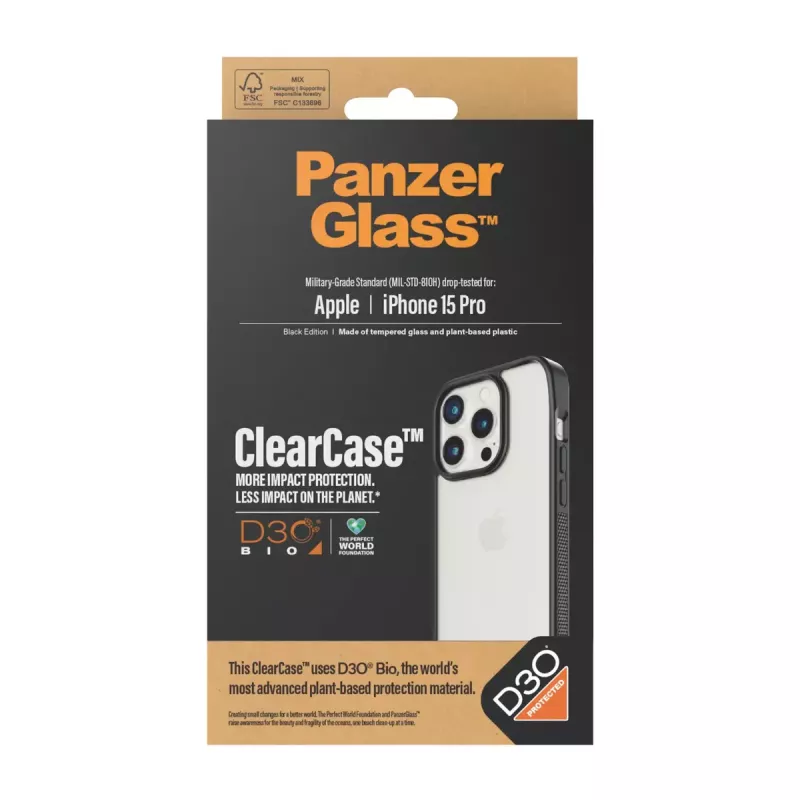 PanzerGlass ® ClearCase läbipaistev musta raami ja D3O®-ga iPhone 15 Pro