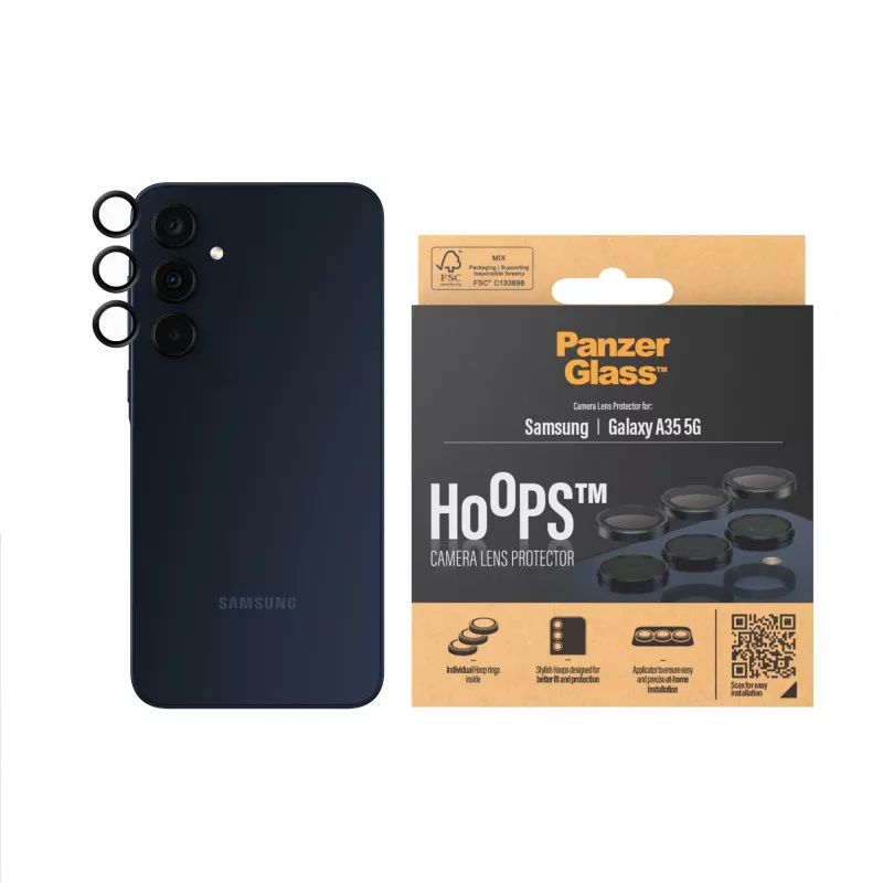 Kaamera objektiivi kaitse PanzerGlass Hoops Samsung Galaxy A35 5G jaoks, karastatud klaas, must raam