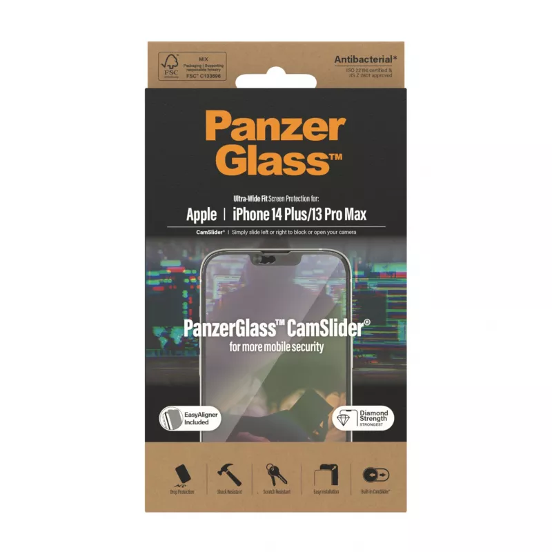 Läbipaistev ekraanikaitse PanzerGlass CamSlider Apple iPhone 14 Plus / 13 Pro Max jaoks, 6,68-tolline karastatud klaas, PET, antibakteriaalne