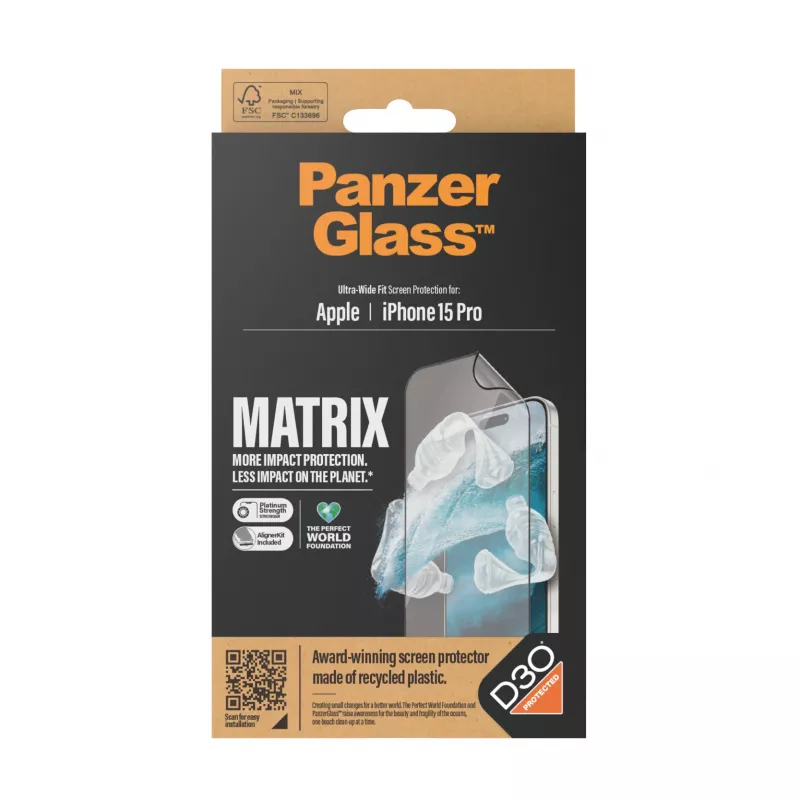 PanzerGlass ® ECO MATRIX ekraanikaitse D3O®-ga iPhone 15 Pro | ülilai sobivus paigalduskomplektiga