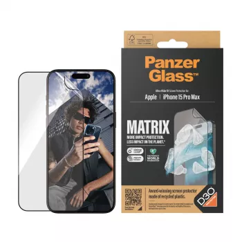 PanzerGlass ® ECO MATRIX ekraanikaitse koos D3O®-ga iPhone 15 Pro Max | Ultra-Wide Fit koos AlignerKitiga
