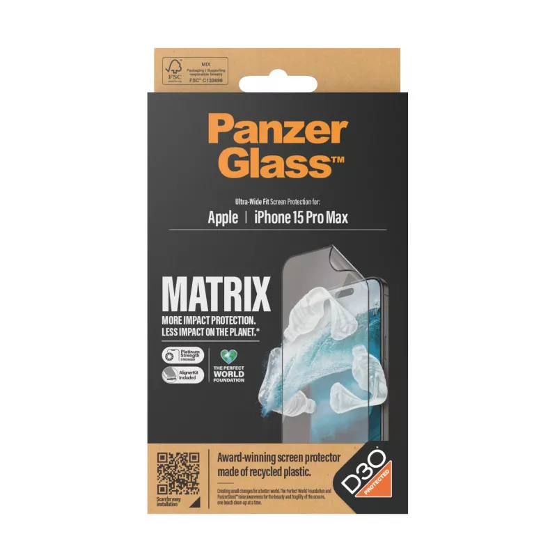 PanzerGlass ® ECO MATRIX ekraanikaitse koos D3O®-ga iPhone 15 Pro Max | Ultra-Wide Fit koos AlignerKitiga