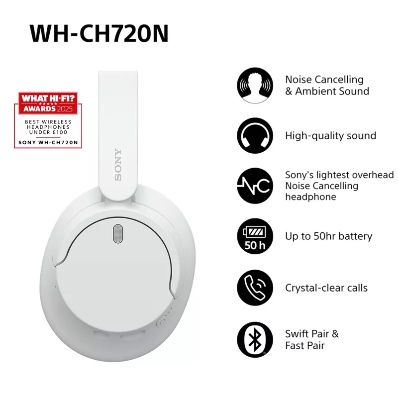 Sony WH-CH720 Peakomplekt Juhtmega ja Juhtmeta Peavõru Kõned/Muusika USB USB-C Bluetooth Valge
