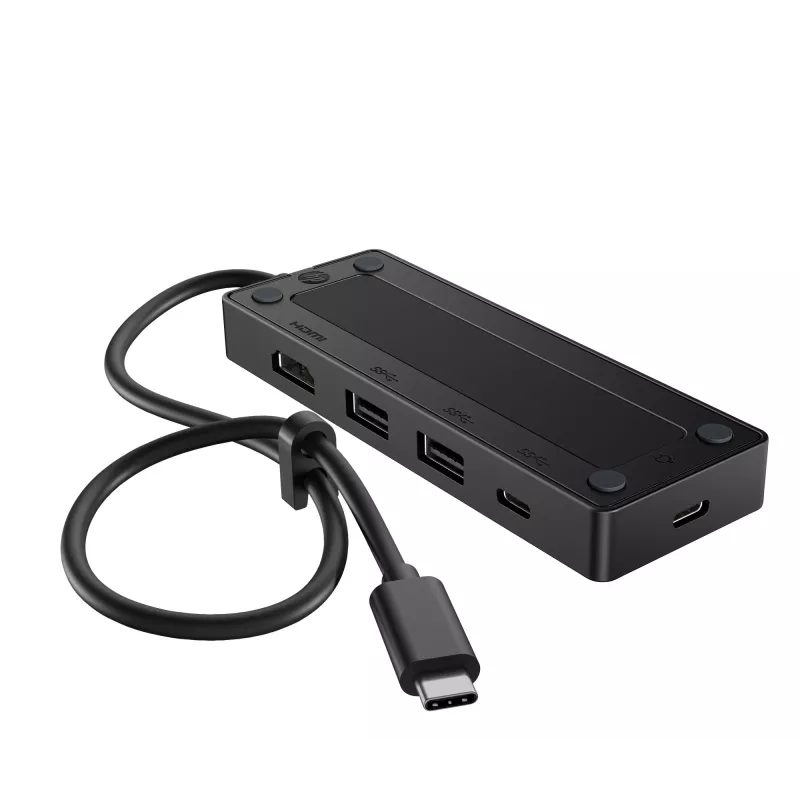 USB-C Travel Hub G3 — HP, USB 3.2 Gen 2 USB-C host, HDMI, USB-A, PD kuni 65 W, 116×41,9×14,5 mm