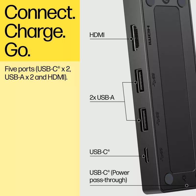 USB-C Travel Hub G3 — HP, USB 3.2 Gen 2 USB-C host, HDMI, USB-A, PD kuni 65 W, 116×41,9×14,5 mm