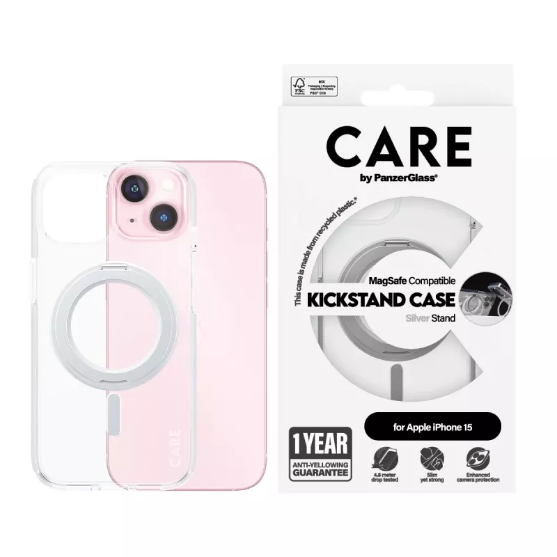 PanzerGlass CARE™ by ® ümbris Transparent w. Silver Kickstand & MagSafe iPhone 15